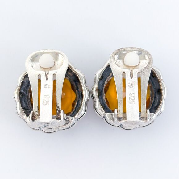 Vintage Sterling Silver 925 Yellow Glass & Marcasite Clip-on Earrings - Picture 4 of 7